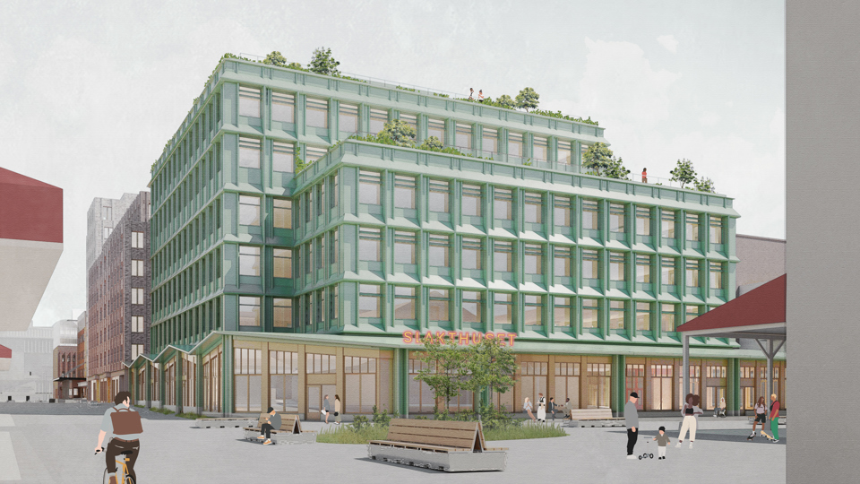 Visionsbild söderut mot ny kontorsbyggnad vid Rökerigatan. I förgrunden nya Rökeritorget. Illustration: Kjellander Sjöberg